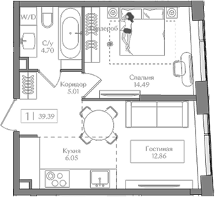 Планировка — Преображенская площадь, 1-комн., 39 м²