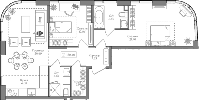 Планировка — Преображенская площадь, 3-комн., 80 м²