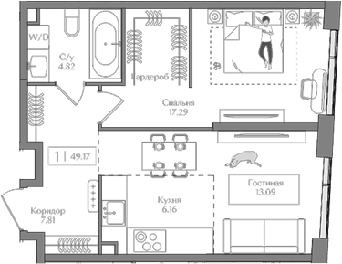 Планировка — Преображенская площадь, 2-комн., 49 м²