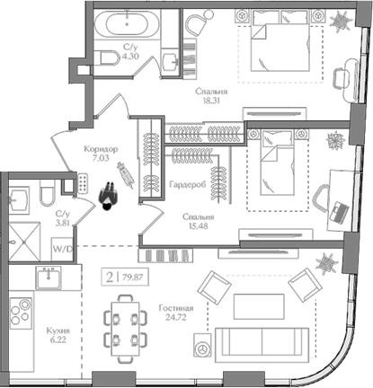 Планировка — Преображенская площадь, 3-комн., 80 м²