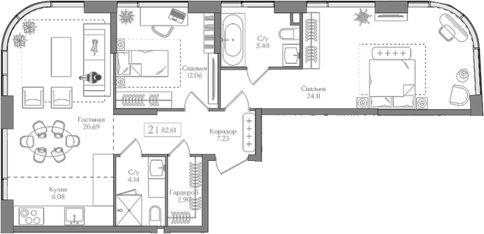 Планировка — Преображенская площадь, 3-комн., 83 м²