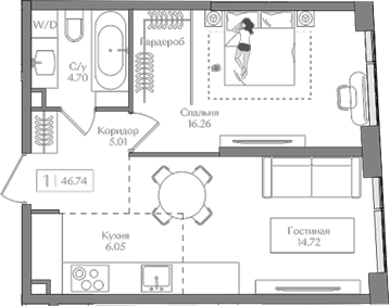 Планировка — Преображенская площадь, 1-комн., 47 м²