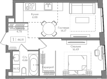 Планировка — Преображенская площадь, 1-комн., 46 м²