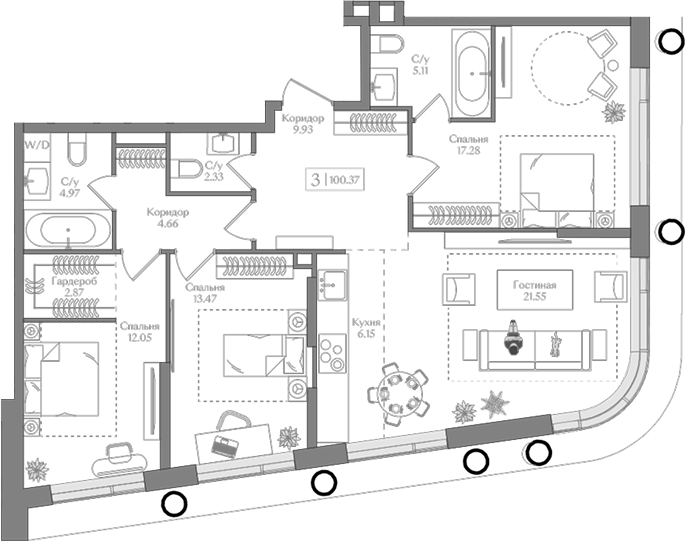 Планировка — Преображенская площадь, 4-комн., 100 м²