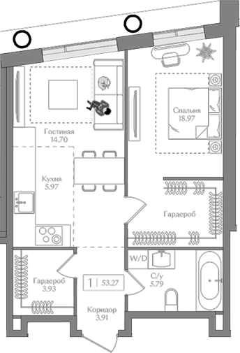 Планировка — Преображенская площадь, 2-комн., 53 м²