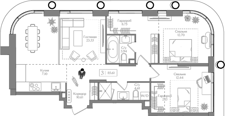 Планировка — Преображенская площадь, 3-комн., 86 м²