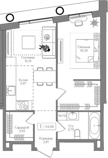 Планировка — Преображенская площадь, 2-комн., 54 м²