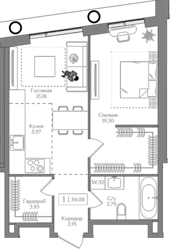 Планировка — Преображенская площадь, 2-комн., 54 м²