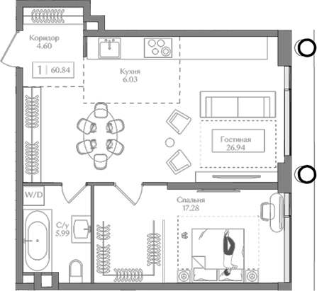 Планировка — Преображенская площадь, 2-комн., 61 м²