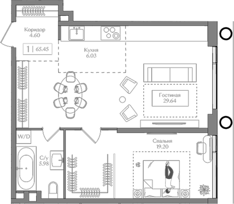 Планировка — Преображенская площадь, 2-комн., 65 м²
