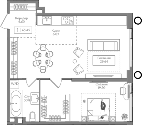 Планировка — Преображенская площадь, 2-комн., 65 м²