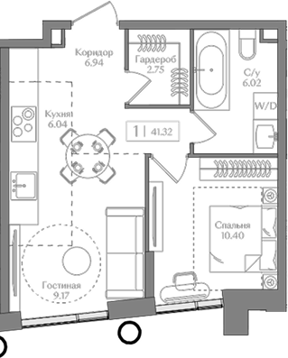 Планировка — Преображенская площадь, 2-комн., 41 м²