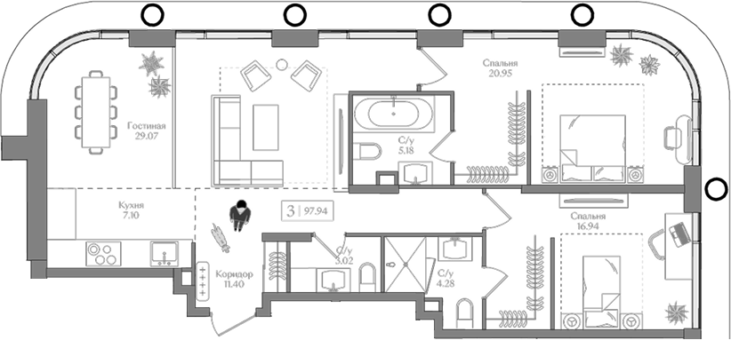 Планировка — Преображенская площадь, 3-комн., 98 м²