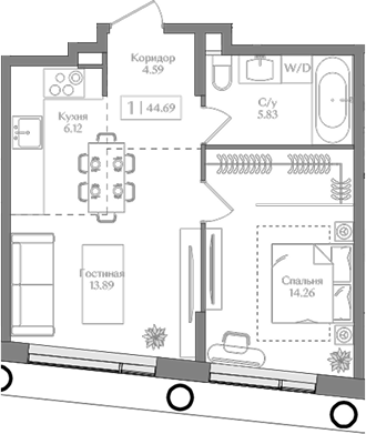 Планировка — Преображенская площадь, 2-комн., 45 м²