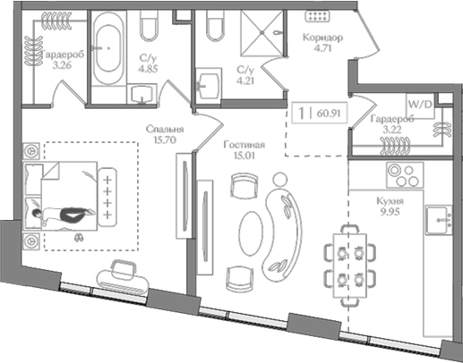 Планировка — Преображенская площадь, 2-комн., 61 м²