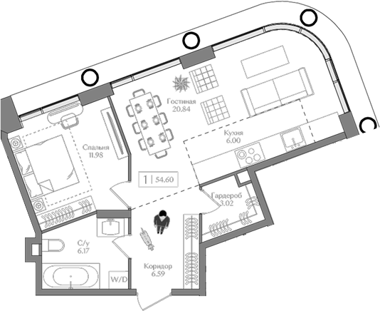 Планировка — Преображенская площадь, 2-комн., 55 м²