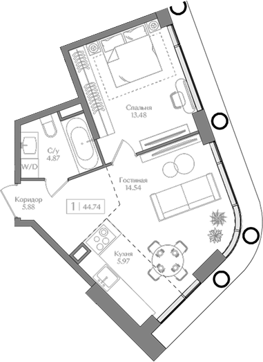Планировка — Преображенская площадь, 2-комн., 45 м²