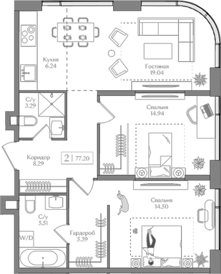 Планировка — Преображенская площадь, 3-комн., 77 м²