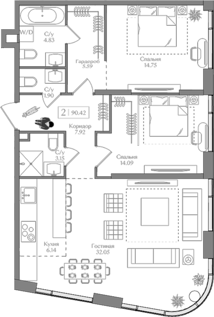 Планировка — Преображенская площадь, 3-комн., 90 м²