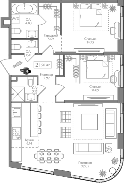 Планировка — Преображенская площадь, 3-комн., 90 м²