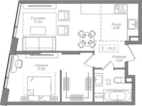 Планировка — Преображенская площадь, 2-комн., 50 м²