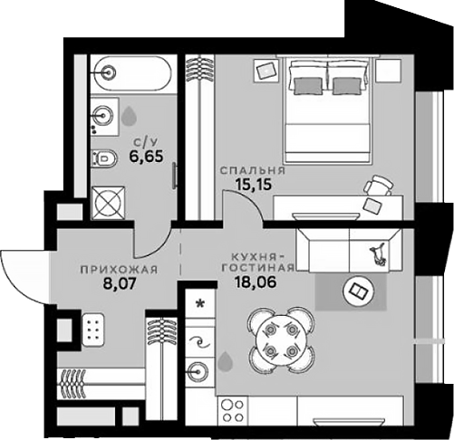 Планировка — СберСити, 2-комн., 48 м²