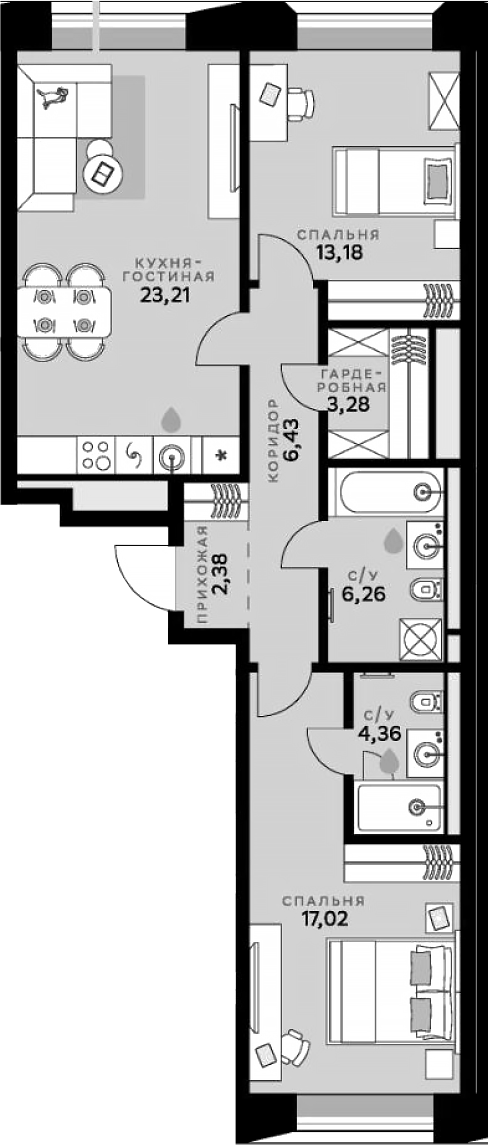 Планировка — СберСити, 3-комн., 76 м²