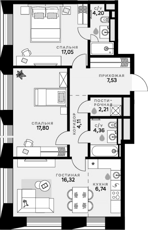 Планировка — СберСити, 3-комн., 80 м²
