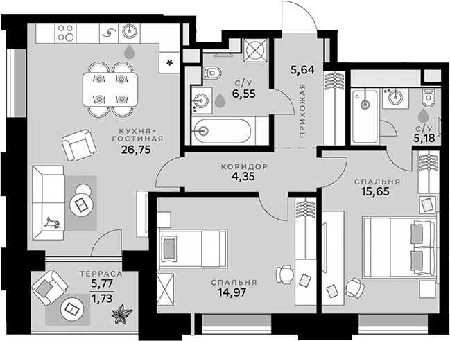 Планировка — СберСити, 3-комн., 79 м²
