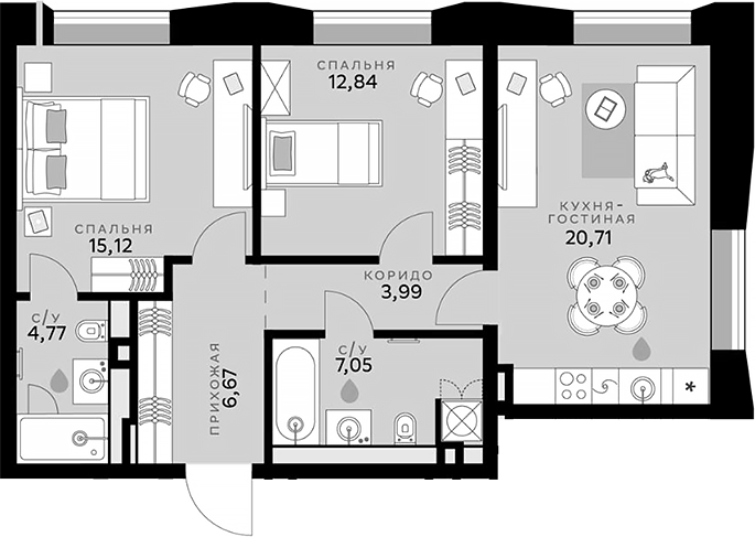 Планировка — СберСити, 3-комн., 71 м²