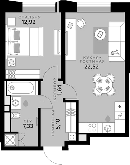 Планировка — СберСити, 2-комн., 50 м²