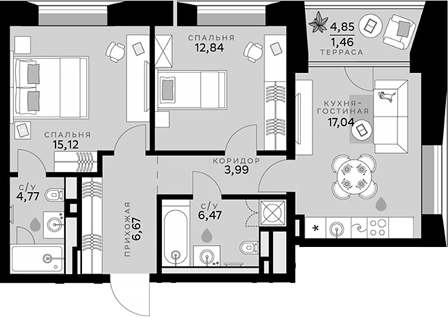 Планировка — СберСити, 3-комн., 67 м²
