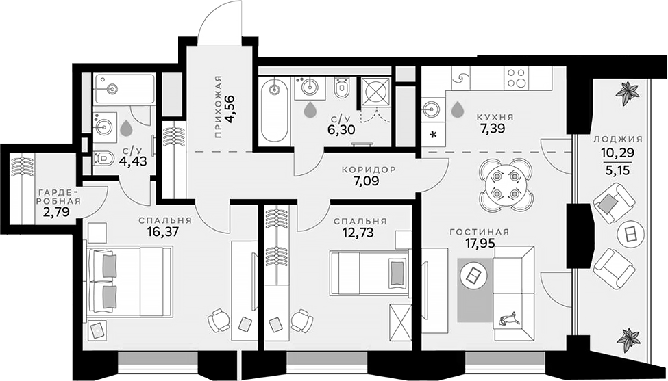 Планировка — СберСити, 3-комн., 80 м²