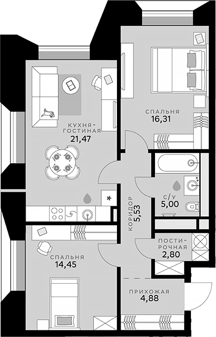 Планировка — СберСити, 3-комн., 70 м²