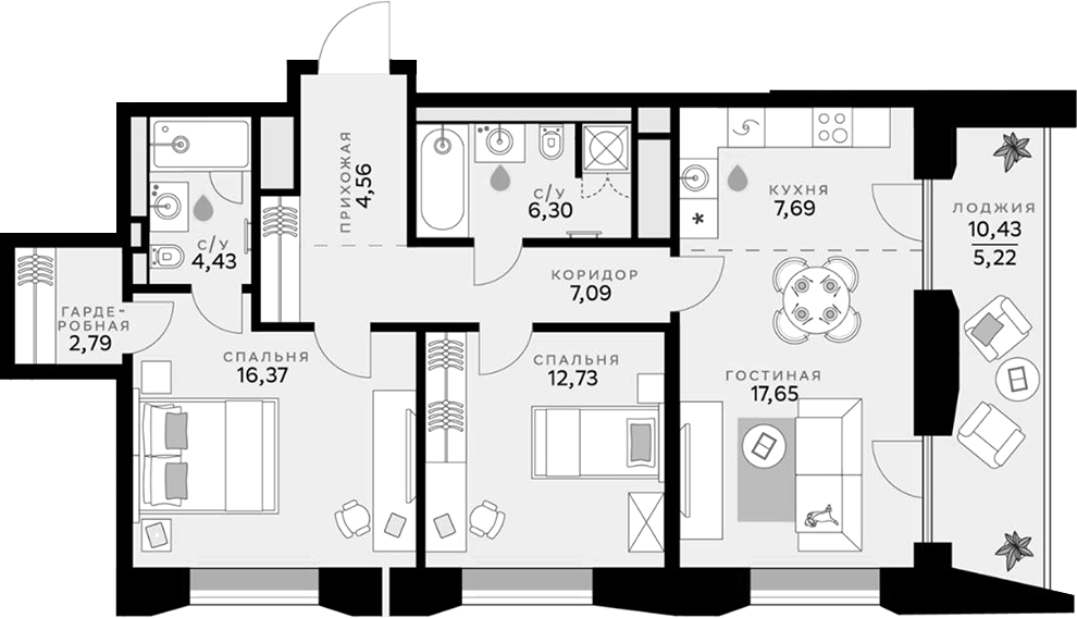 Планировка — СберСити, 3-комн., 80 м²