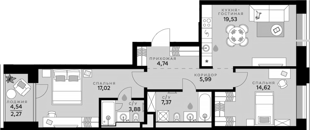 Планировка — СберСити, 3-комн., 73 м²