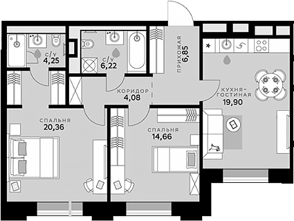 Планировка — СберСити, 3-комн., 76 м²