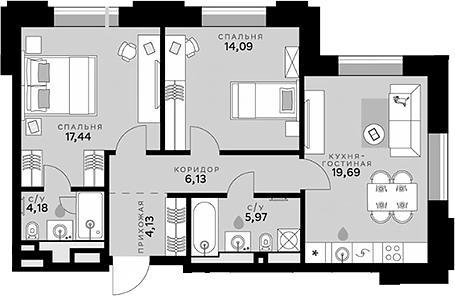 Планировка — СберСити, 3-комн., 72 м²
