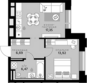 Планировка — СберСити, 2-комн., 44 м²