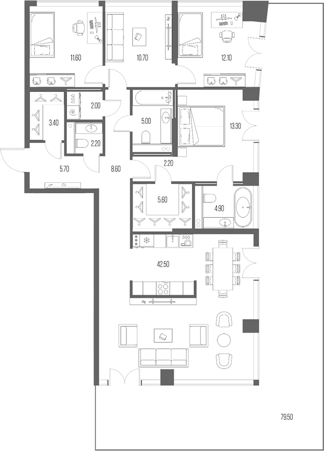 Планировка — Северный Порт, 4-комн., 130 м²