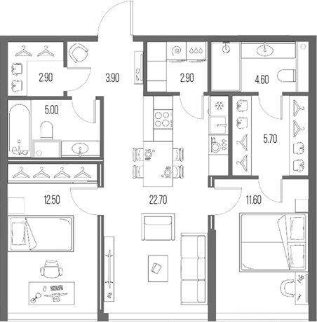 Планировка — Северный Порт, 3-комн., 72 м²