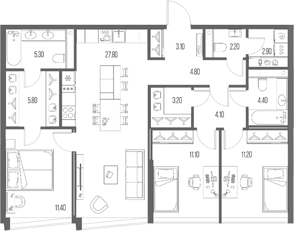 Планировка — Северный Порт, 4-комн., 97 м²