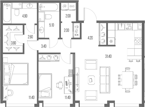 Планировка — Северный Порт, 3-комн., 83 м²