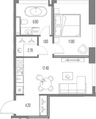 Планировка — Северный Порт, 2-комн., 45 м²