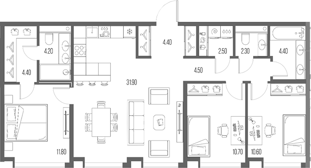 Планировка — Северный Порт, 4-комн., 92 м²