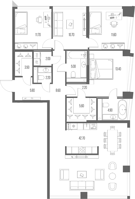 Планировка — Северный Порт, 4-комн., 130 м²