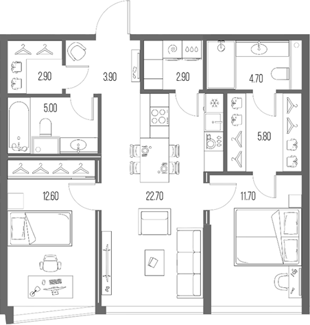 Планировка — Северный Порт, 3-комн., 72 м²