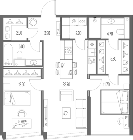 Планировка — Северный Порт, 3-комн., 72 м²
