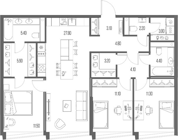 Планировка — Северный Порт, 4-комн., 98 м²
