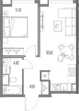 Планировка — Северный Порт, 2-комн., 39 м²